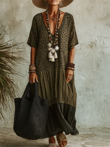 Vestido Casual de Algodón y Chiffon con Estampado de Leopardo