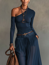 Conjunto de Top Celeste de Un Solo Hombro y Falda de Tul