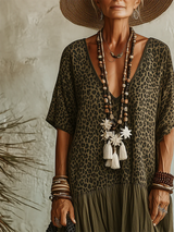 Vestido Casual de Algodón y Chiffon con Estampado de Leopardo