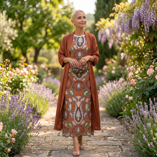 Aura Étnica | Vestido largo estampado con chaleco coordinado