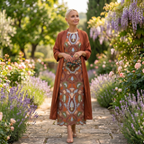 Aura Étnica | Vestido largo estampado con chaleco coordinado