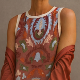 Aura Étnica | Vestido largo estampado con chaleco coordinado