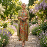 Aura Étnica | Vestido largo estampado con chaleco coordinado